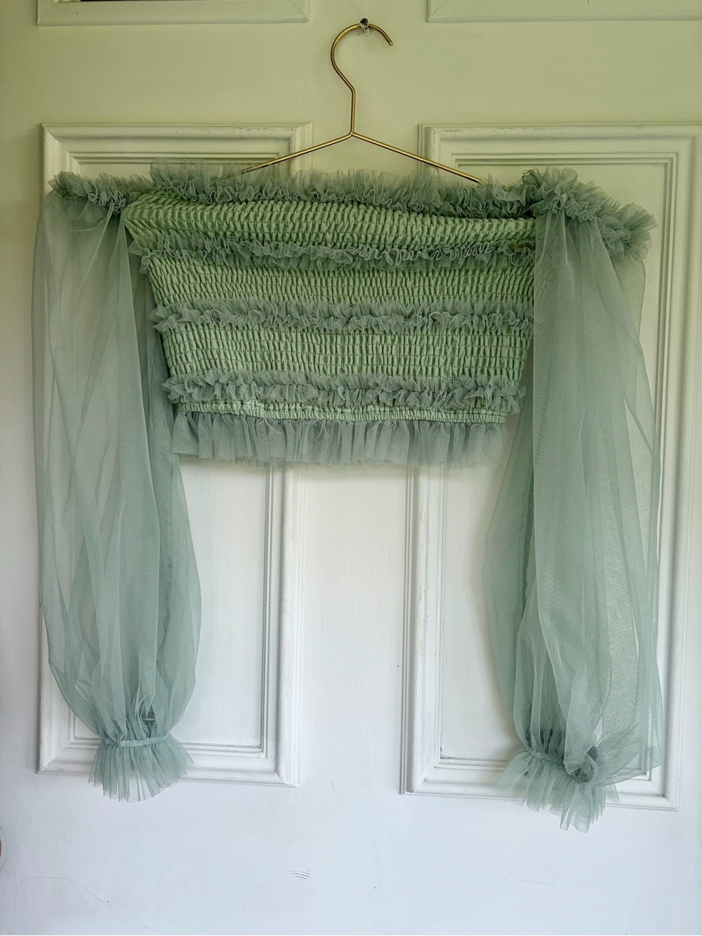 MABLE Sheer Sage Green Off-Shoulder Smocked Crop Top